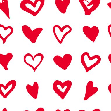 Doodle kalp seamless modeli. Sevgililer günü, romantik, düğün sembolleri. Kalp siluetleri ile arka plan. Pullar seviyorum. Vintage tasarım öğesi. Vektör çizim.
