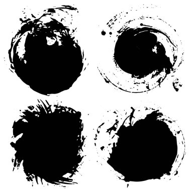 Fırça darbeleri. Vektör fırça set. Yuvarlak grunge tasarım öğeleri. Metin için çerçeveler. Kirli doku afiş. Mürekkep splatters. Boyalı nesneleri.