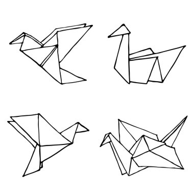 Origami kuşlar el çizilmiş doodle seti