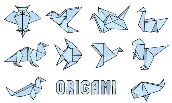 Origami animais mão desenhado conjunto de rabiscos — Vetor de Stock