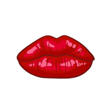 Kiss - womans lips. Hot sexy red kissed. Beautiful sticker isolated on white. Vector illustration in retro pop art or comics style. 3D effect. clipart