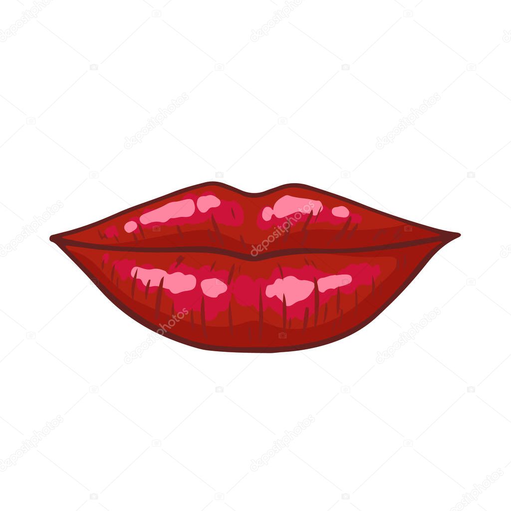 Sexy red lips with smile. Beautiful kiss icon isolated on white. Vector illustration in retro pop art or comics style. 3D effect.