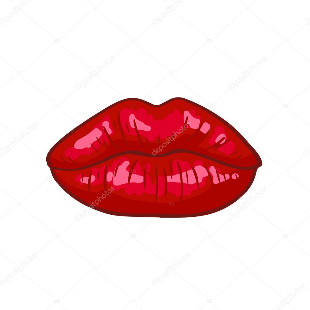 Kiss - womans lips. Hot sexy red kissed. Beautiful sticker isolated on white. Vector illustration in retro pop art or comics style. 3D effect.