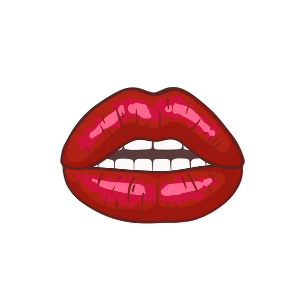 セクシーな女性の赤い唇 熱い女がキスする 白を基調とした美しいステッカー 口を開けて レトロなポップアートや漫画スタイルのベクトルイラスト 3D効果 — ストックベクタ