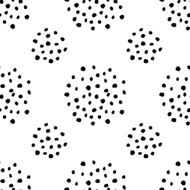Doodle Dots Kusursuz Desen. Sketchy Hand çizilmiş grafik baskısı. Siyah ve beyaz noktalı arka plan. Çirkin boyalı süs. Vektör illüstrasyonu.
