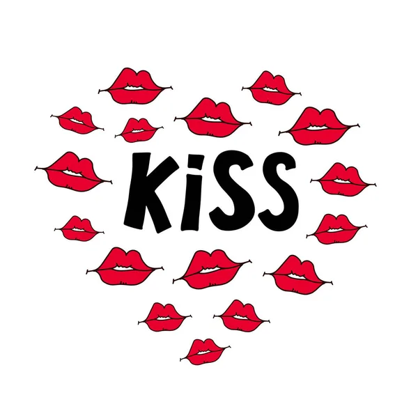 Kyss Text Och Hjärta Med Läppar Romantisk Bakgrund Gratulationskort Eller — Stock vektor
