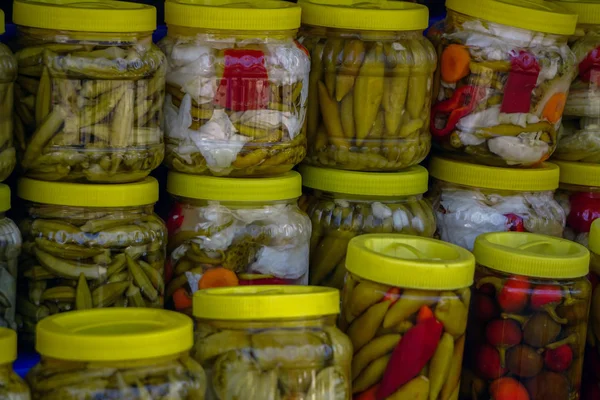 Farmers Market Bursa Turkey Selling Homemade Pickles Olive Oil Herbs — Stock Photo, Image