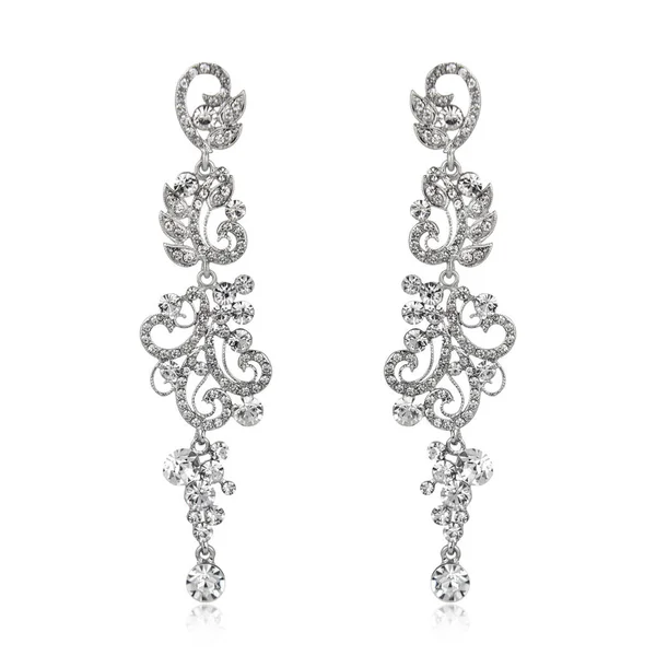 Paar Silberne Diamant Ohrringe Isoliert Auf Weißem Hintergrund — Stockfoto