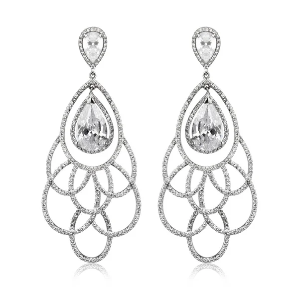 Paire Boucles Oreilles Diamant Argent Isolé Sur Fond Blanc — Photo