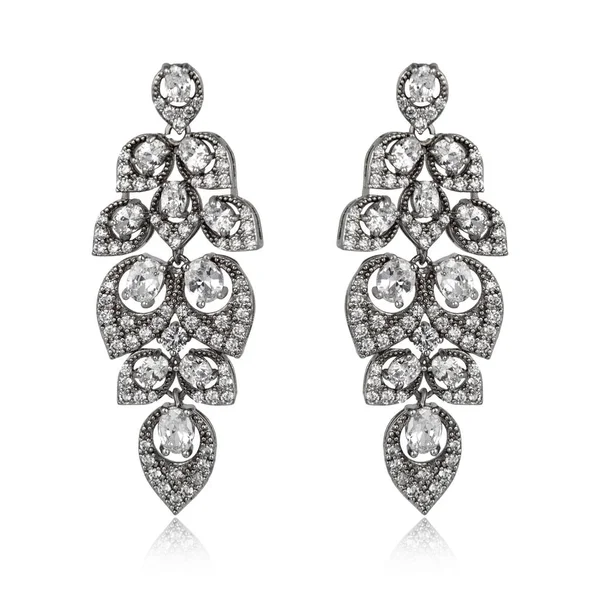 Pair Silver Diamond Earrings Isolated White Background — Stock Photo, Image