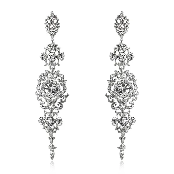 Paar Zilveren Diamantoorringen Geïsoleerd Witte Achtergrond — Stockfoto