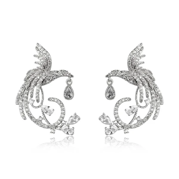 Paire Boucles Oreilles Diamant Argent Isolé Sur Fond Blanc — Photo