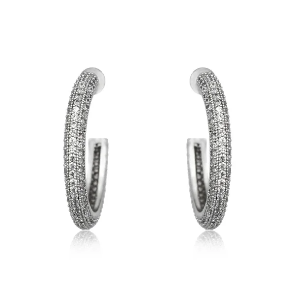 Náušnice Stříbrné Diamantové Izolovaných Bílém Pozadí — Stock fotografie