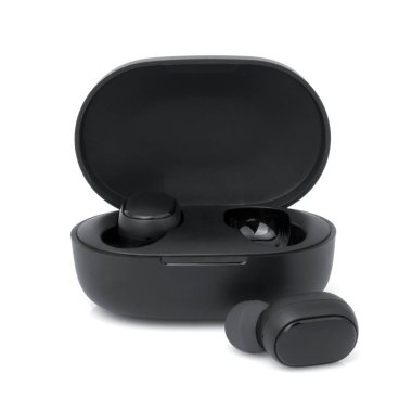 Beyaz arkaplanda kablosuz kulaklık.