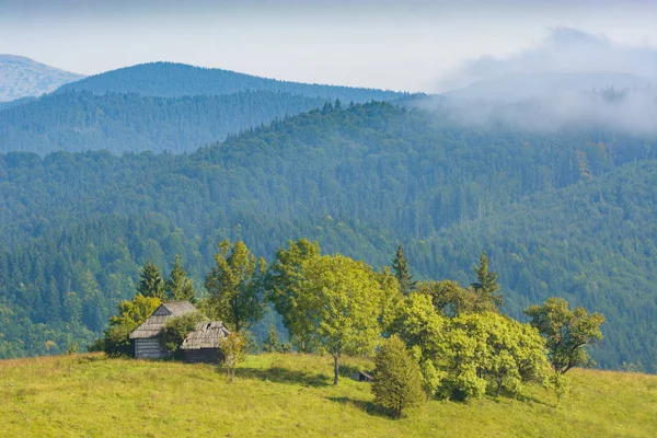 Rustic wooden house on a hill in carpathian mountains.