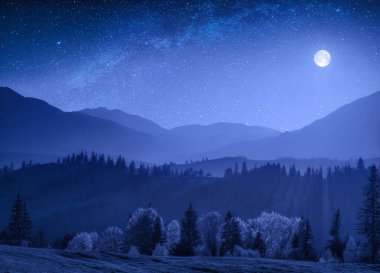 Parlak gece Samanyolu'nda bir gökyüzü ile. Ayın yükselişine bahar dağ Vadisi üzerinde. Karpatlar, Ukrayna, Europe.