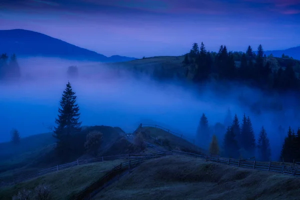 Beautiful Blue Fog Cover Mountain Valley Moon Light Night Landscape — Stock Photo, Image
