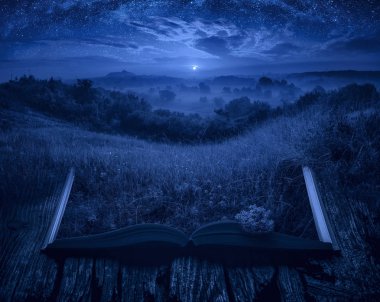 Yaz puslu bir ışık açık bir büyülü kitap sayfalarında yükselen ayın Vadisi'nde. Görkemli manzara. Doğa kavramı.
