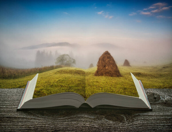 Mountain valley with haystacks on the pages of an open magical book. Majestic landscape. Nature and education concept.