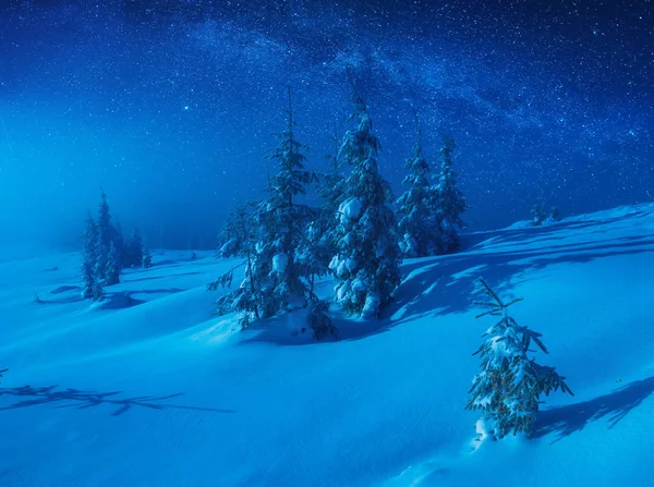 Majestoso Caminho Leitoso Sobre Vale Inverno Congelado Natal Estrelado Noite — Fotografia de Stock