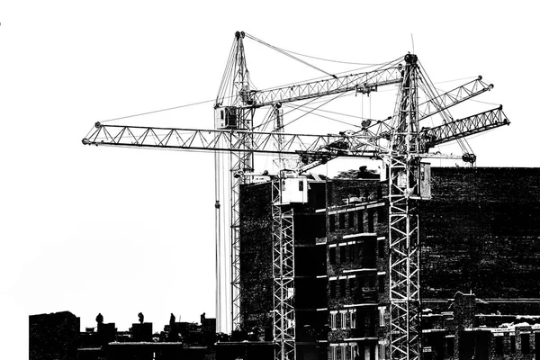 Строительство Домов Кранами Силуэтами Строителей Черное Белое — стоковое фото