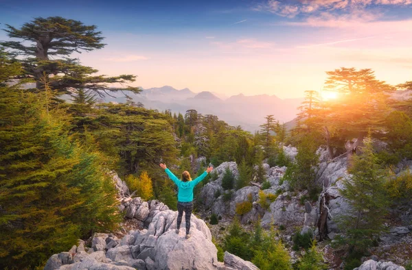 Girl Hiker Standing Rocky Hill Raised Hands Enjoy Majestic Sunrise — Stock Photo, Image