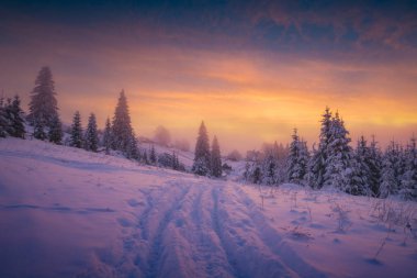 Dağ köyüne taze bir kar üzerinde yol