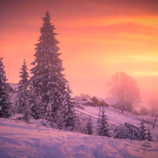 Wunderschöner Wintersonnenaufgang im ukrainischen Dorf — Stockfoto