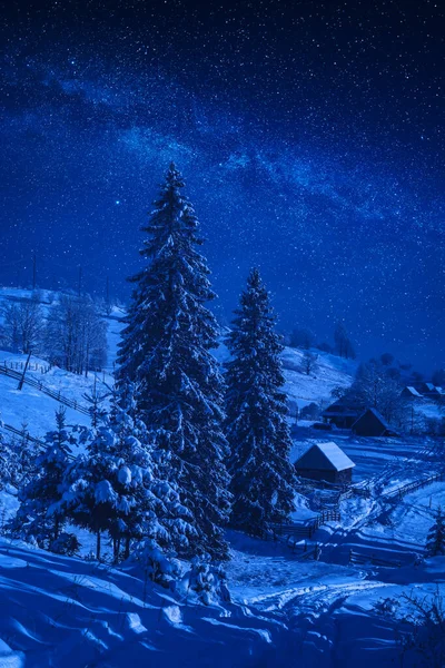 Işığında Karla Kaplı Alp Köyü Karpatlar Peri Masalı Kış Gecesi — Stok fotoğraf