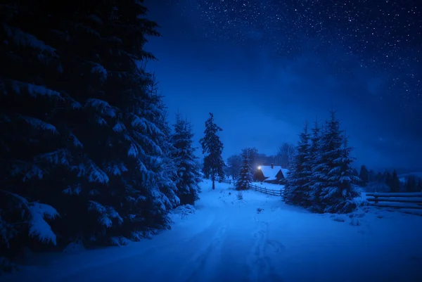 Märchenhafte Winternacht Den Karpaten Alpendorf Mit Neuschnee Bedeckt Ukraine Europa — Stockfoto