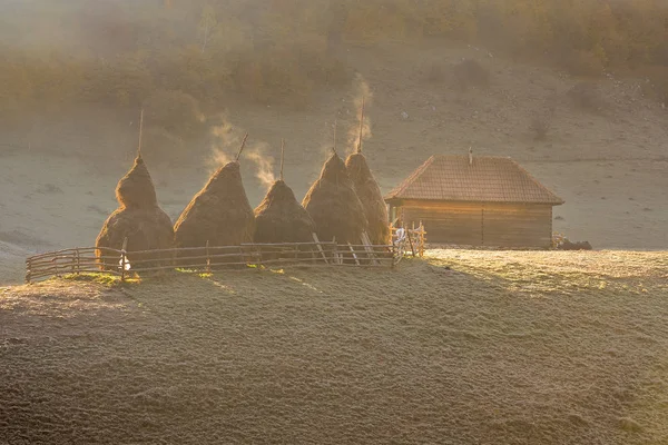 Berglandschap Met Najaar Ochtend Mist Bij Zonsopgang Fundatura Ponorului Roemenië — Stockfoto