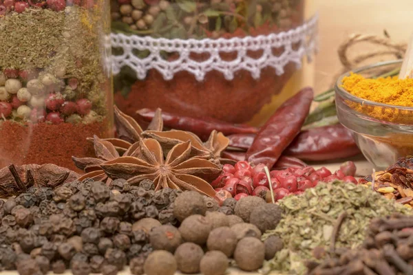 Various Spices Wooden Background — Stock Photo, Image