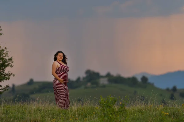 Una Donna Incinta Sul Paesaggio Del Tramonto — Foto Stock