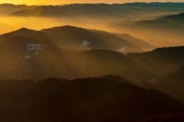 Гірський Краєвид Зимові Туманом Sunse Ceahlau Romaniat — стокове фото