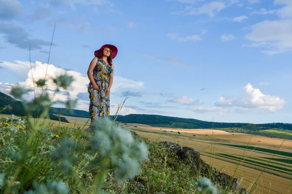 Ung Kvinna Stående Cliff Edge Och Tittar Bred Dal — Stockfoto