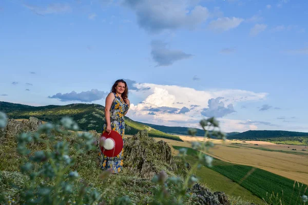 Ung Kvinna Stående Cliff Edge Och Tittar Bred Dal — Stockfoto