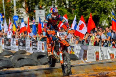 SIBIU, ROMANIA - JULY 28: Unknown competitor in Red Bull ROMANIACS Hard Enduro Rally . The hardest enduro rally in the world. 24th to 28th  July 2018 in Sibiu, Romania clipart