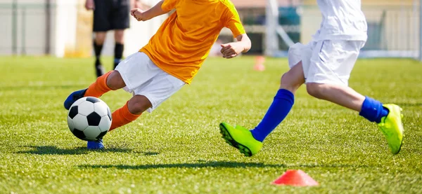 Junior Football Match Competition Children Kicking Football Ball Grass Pitch — Stock Photo, Image