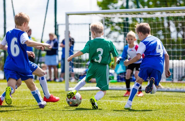 Football Soccer Match Children Boys Playing Football Game School Tournament — Stock Photo, Image
