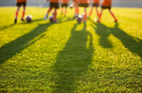 学校でぼやけているサッカー場 若いサッカー選手のピッチでトレーニングします サッカー スタジアム草背景 — ストック写真