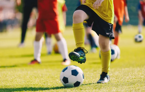 サッカー子供のためのサッカー トレーニング トレーニング サッカー ピッチでサッカーを遊ぶ子供たち 初心者の子供のサッカー ドリル 背景の少年サッカーのコーチングのコーチ — ストック写真