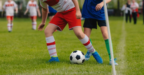 Soccer Duel. Running Soccer Football Players. Footballers Kicking Football Match