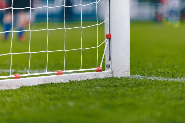 Soccer Football Goal With Net. Football Pitch Field With Fresh Green Grass. Soccer Low Angle Soccer Background with Copy Space — Stock Photo, Image