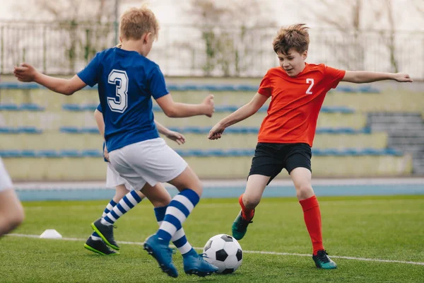 Children Kicking Football Ball Boys Play Soccer Grass Field Stadium — Stock Photo, Image