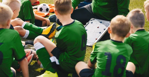 Soccer football coach having tactic strategy speech with kids team. Kids listening coachs strategy speech. School team coach using soccer tactic magnetic board