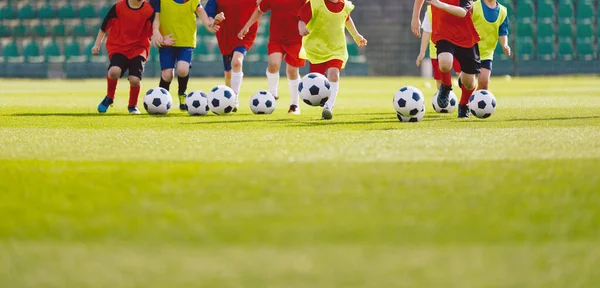 子供サッカートレーニングセッション サッカーボールを蹴ったり走ったりする子供たち 少年たちはサッカーの技術を向上させる 子供のためのサッカートレーニング — ストック写真