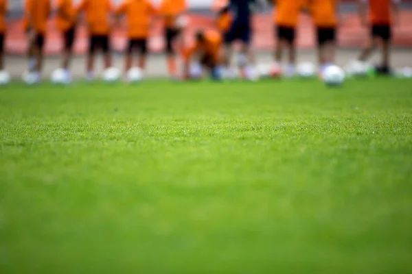 Soccer Training Pitch. Football Players Standing in Line on Training Field. Blurred Soccer Players with Balls. Sports Horizontal Background