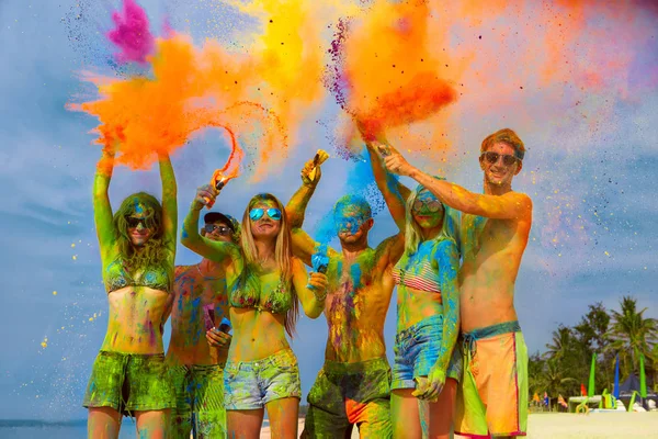 Young Friends Colored Color Powder Gulal Laughin — Stock Photo, Image