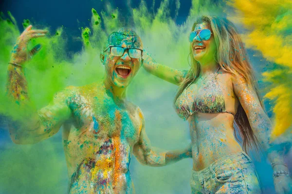 Young Friends Colored Color Powder Gulal Laughing — Stock Photo, Image