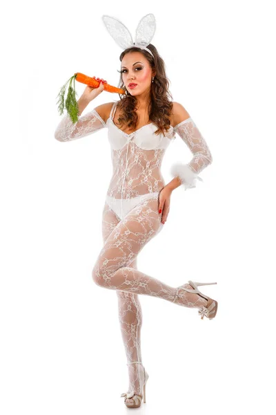 Young Woman Rabbit Costume Carrot White Background — Stock Photo, Image